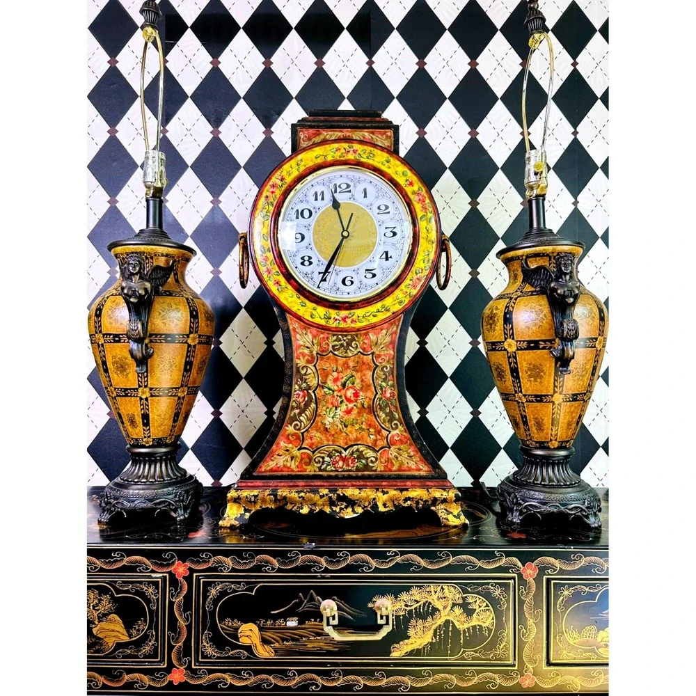 Oversized 2ft Tall Italian Florentine Style Mantel Clock Hand Painted